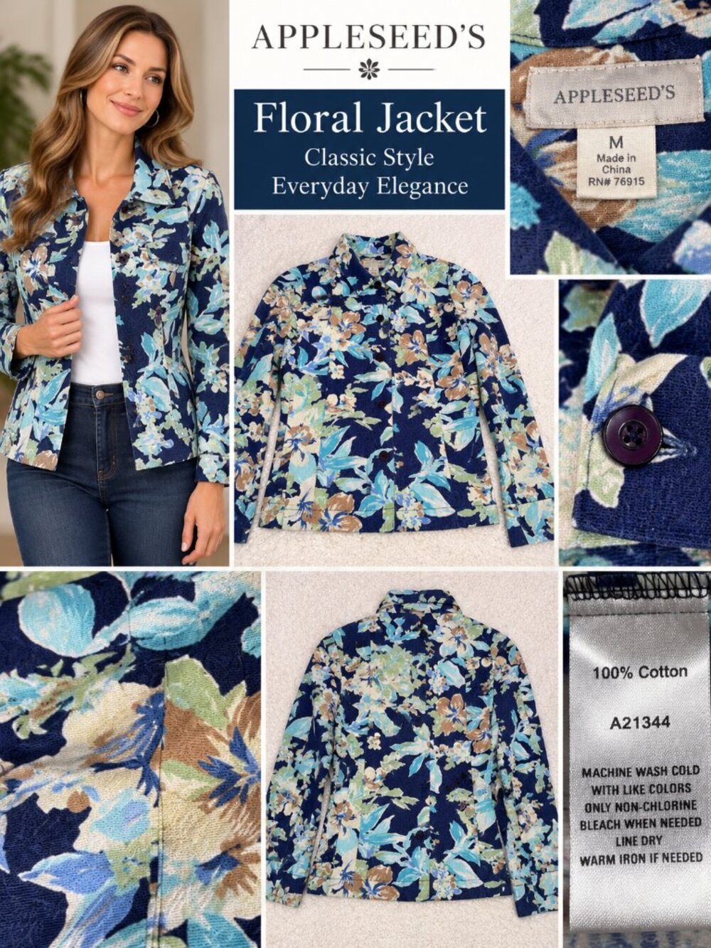 Appleseed’s Floral Cotton Jacket Women’s Medium Navy Blue Button Front